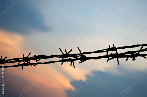 silhouette barbed wire on twicelight sunset background
