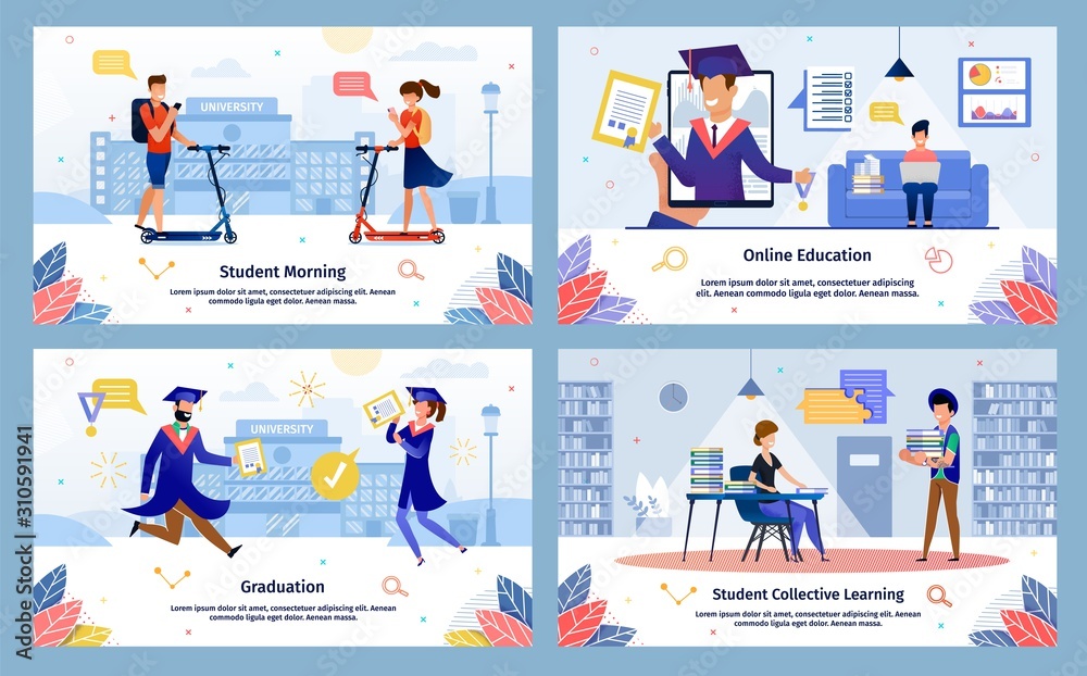 Students Morning, Online Education, Collective Learning, Graduation Trendy Flat Vector Banners, Posters Set. Female, Male Students Hurrying on Lectures, Study Online, Celebrating Success Illustration