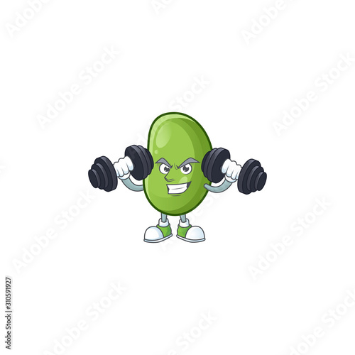 Fitness exercise green beans mascot icon with barbells