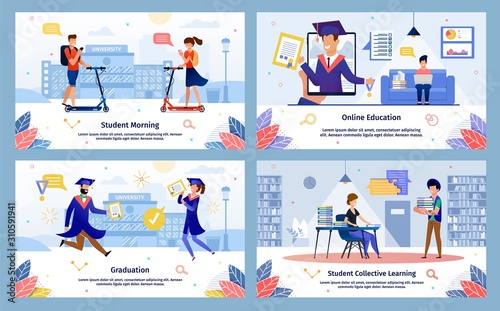 Fototapeta Naklejka Na Ścianę i Meble -  Students Morning, Online Education, Collective Learning, Graduation Trendy Flat Vector Banners, Posters Set. Female, Male Students Hurrying on Lectures, Study Online, Celebrating Success Illustration