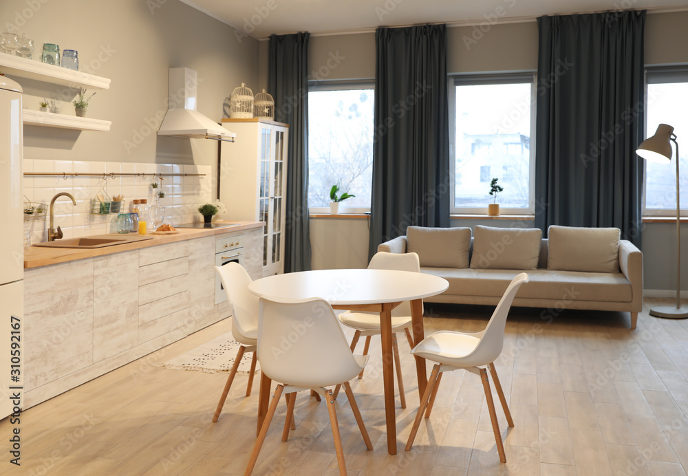 Modern kitchen interior with new stylish furniture - obrazy, fototapety, plakaty 