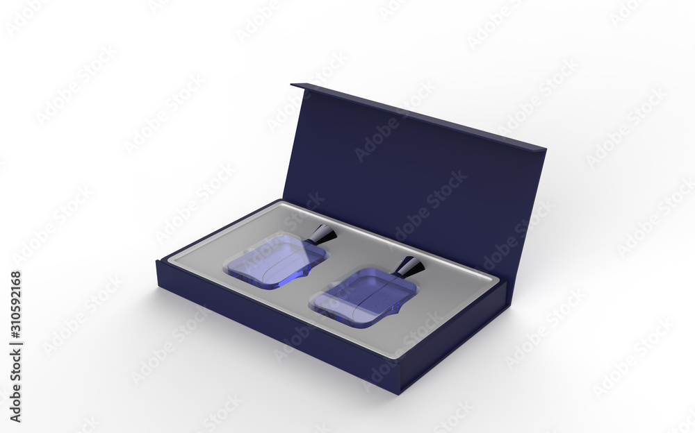 Two Glass perfume bottle mockup with open and closed package box on black background, 3d illustration. Two Glass perfume bottle mockup with open and closed package box on black background, 3d illustration.