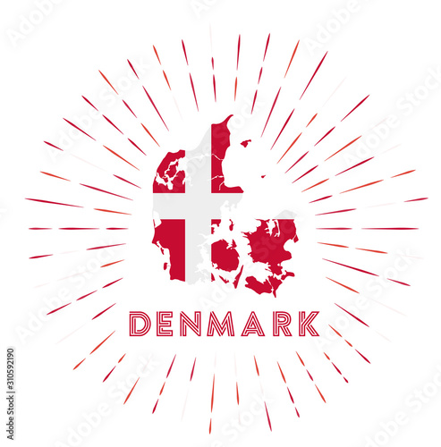 Denmark sunburst badge. The country sign with a map of Denmark with the Danish flag. Colorful rays around the logo. Vector illustration.