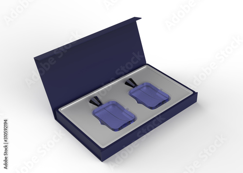 Two Glass perfume bottle mockup with open and closed package box on black background, 3d illustration.