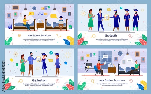 College Students Graduation and Dormitory Life Routine Trendy Flat Vector Banner, Poster Templates Set. Successful Students Getting University Diploma or Certificate, Resting in Dorm Room Illustration
