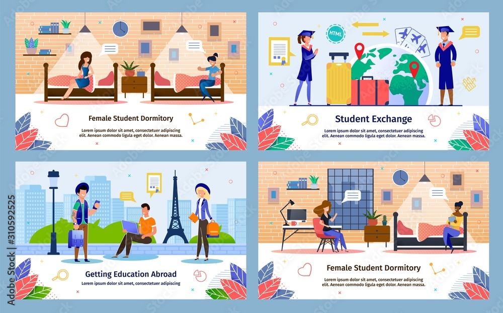 Education Abroad with Students Exchange Program, Female Students Dormitory Trendy Flat Vector Banners, Posters Templates Set. Students Traveling World, Studying in Europe, Resting in Dorm Illustration