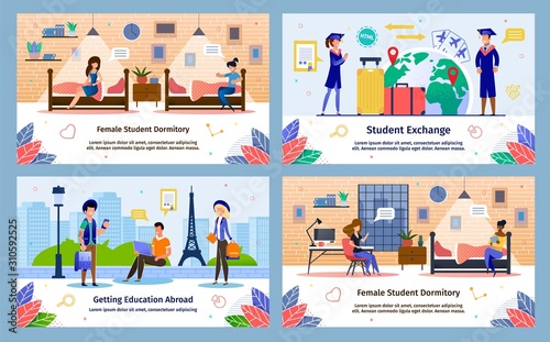 Education Abroad with Students Exchange Program, Female Students Dormitory Trendy Flat Vector Banners, Posters Templates Set. Students Traveling World, Studying in Europe, Resting in Dorm Illustration