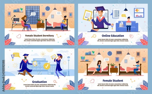 College, University Students Education Trendy Flat Vector Banners, Posters Set. Male, Female Students Characters Resting with Friends in Dormitory, Learning Online, Celebrating Graduation Illustration