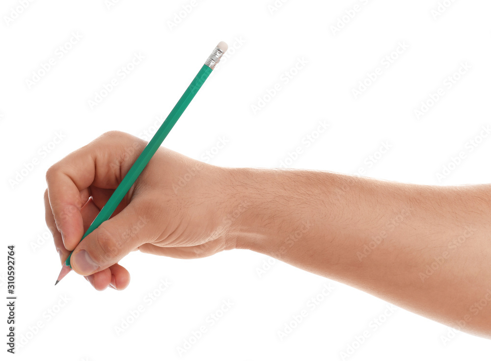 Man holding pencil on white background, closeup of hand Man holding pencil on white background, closeup of hand