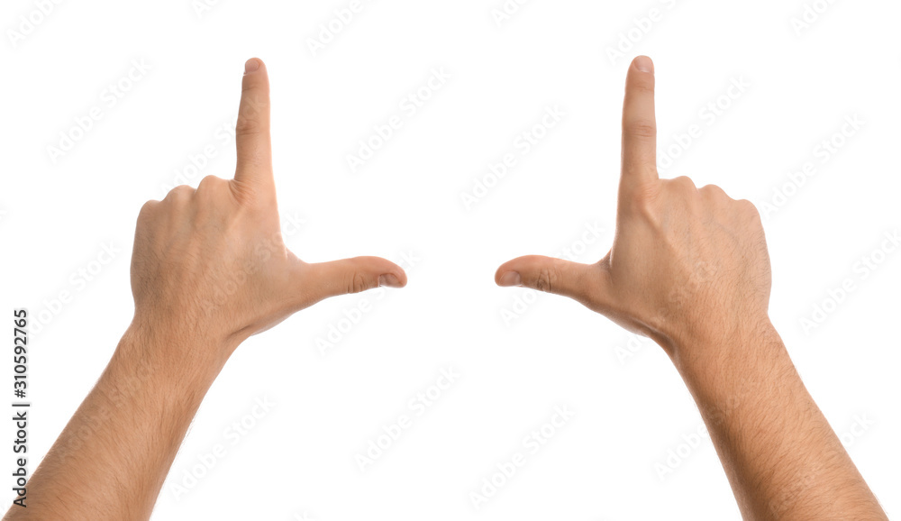 Man making frame with his hands on white background, closeup Man making frame with his hands on white background, closeup