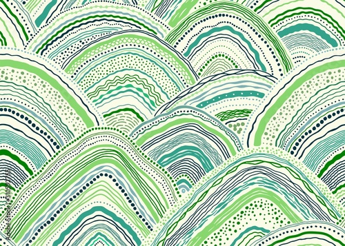 Abstract hand drawn seamless pattern, texture greenery hills, lines doodle ornament. Vector sketch colorful illustration in vintage style.