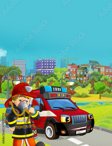 cartoon scene with fireman vehicle on the road - illustration for children