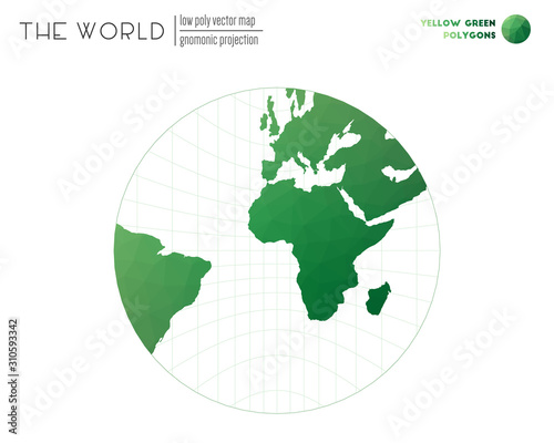 World map with vibrant triangles. Gnomonic projection of the world. Yellow Green colored polygons. Awesome vector illustration.