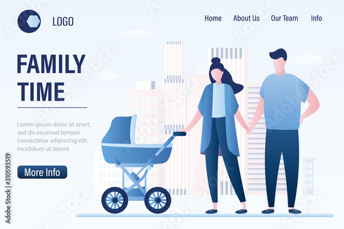 Family time landing page template. Happy love couple with baby stroller. Urban view on background.