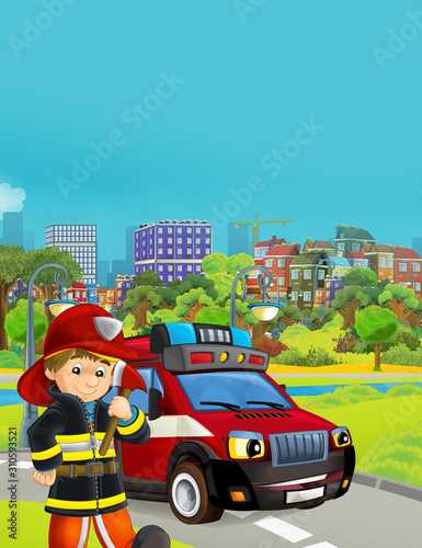 cartoon scene with fireman vehicle on the road - illustration for children