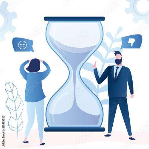 Handsome businessman boss and woman employee near big hourglass. Deadline or time management background.