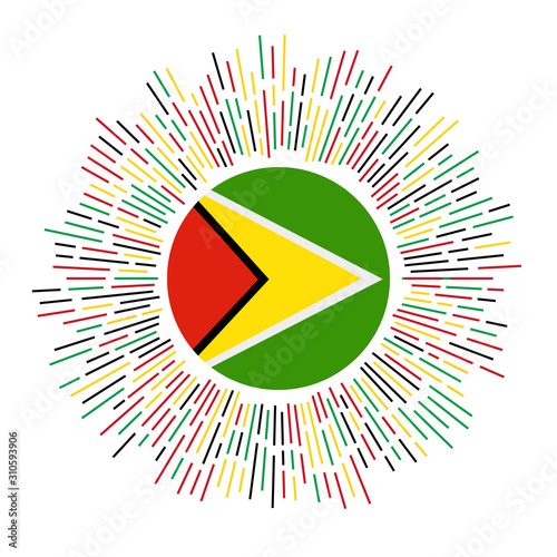 Guyana sign. Country flag with colorful rays. Radiant sunburst with Guyana flag. Vector illustration.