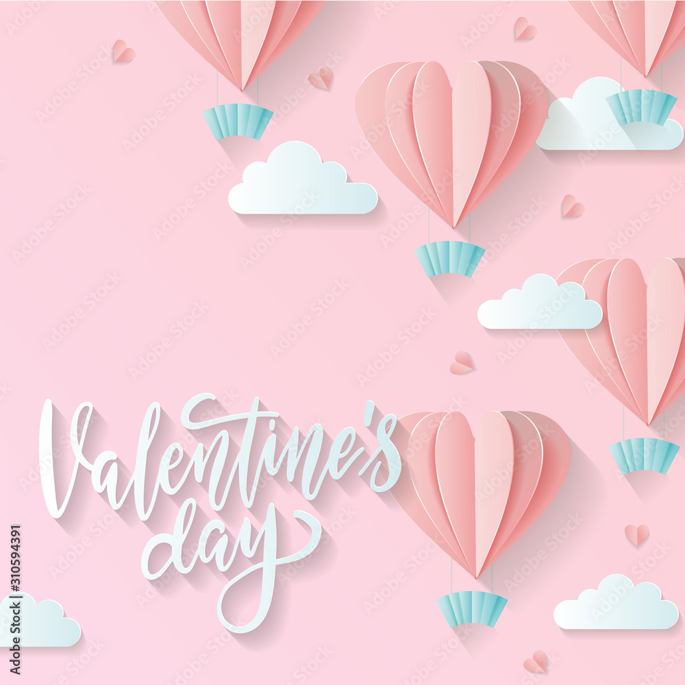 Valentine's day background with heart shaped hot air balloon flying through clouds. Romantic paper art and origami style vector illustration with lettering text