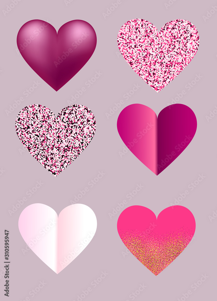set of hearts, pink color, sequins and realistic. vector