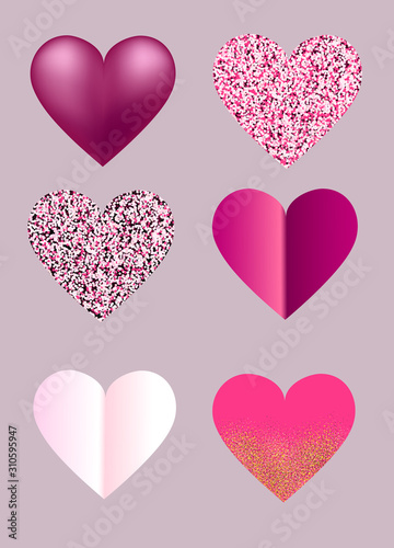 set of hearts  pink color  sequins and realistic. vector