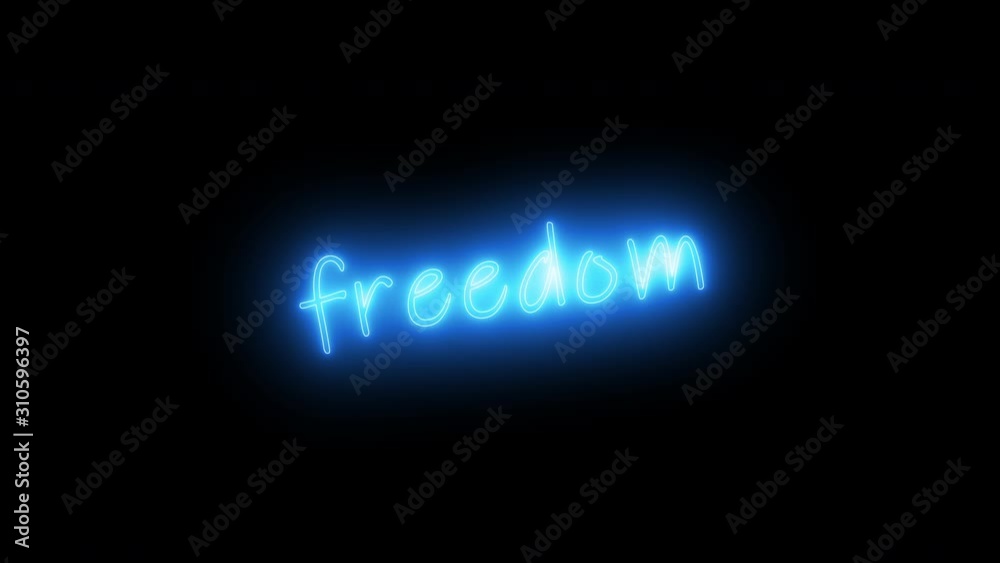 Freedom neon sign fluorescent light glowing on signboard background. Text free by freedom lights signboard in dark night. The best stock freedom neon flickering, flash, blinking color back background