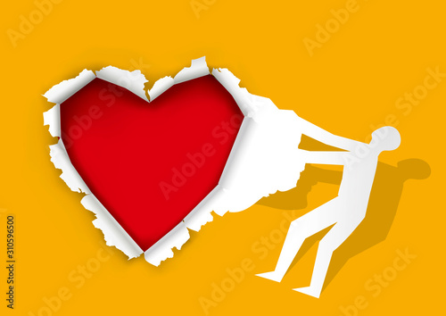    Open your heart, torn paper concept.  Illustration of Paper male silhouette tearing orange paper with red heart. Place for your text or image. Vector available.