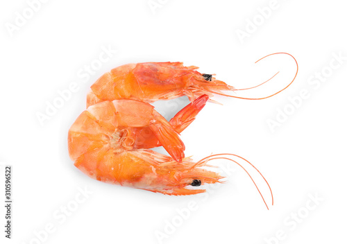 Delicious cooked shrimps isolated on white, top view