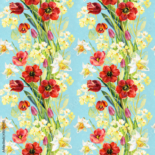 Spring Elegant floral seamless pattern with beautiful spring flowers tulips narcissus primrose on blue background. Colorful botanical watercolor illustration for wallpaper,fabric print,wrapping paper