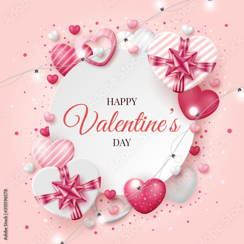 Valentine's day background with 3D hearts, shining lights and gift box. Vector illustration
