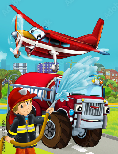 cartoon scene with fireman vehicle on the road driving through the city and plane flying over - illustration for children
