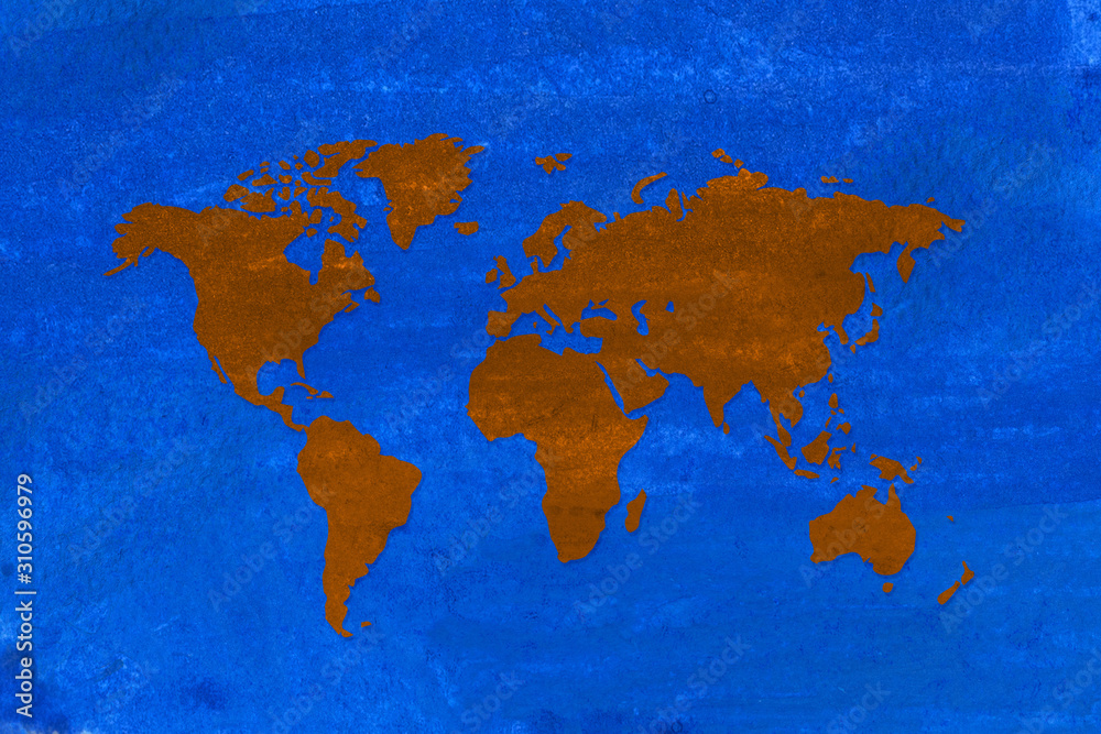 brown world map on blue shade color abstract watercolor