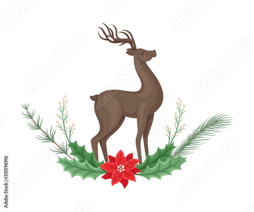 Standing Reindeer Vector Illustration Decorated with Winter Twigs and Leaves