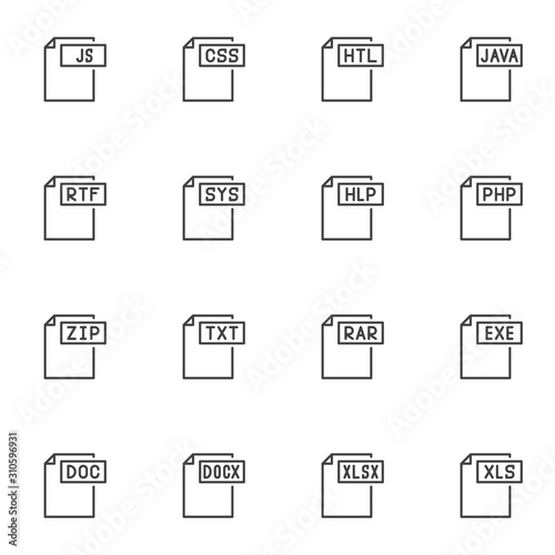 File type line icons set. Document File Format linear style symbols collection, outline signs pack. vector graphics. Set includes icons as css, htl, java, rtf, sys, hlp, php, zip, txt, rar, exe, doc