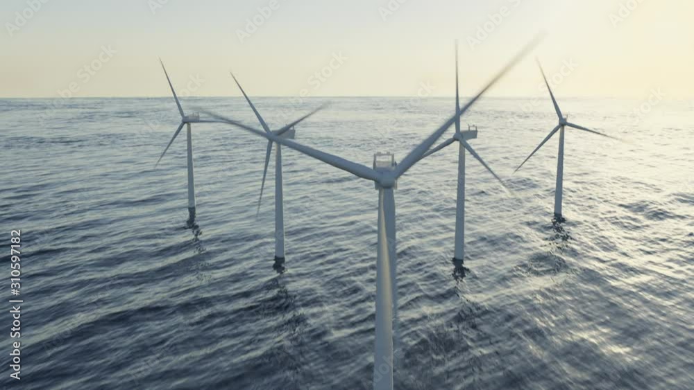 Wind turbines generating alternative clean green energy, wind farm in the ocean, climate change solution, aerial 3d render