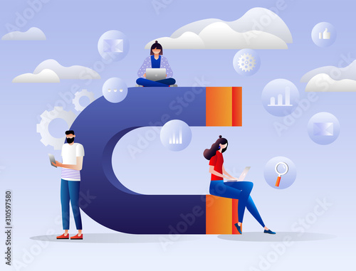 	 Vector illustration of attracting online customers. Big magnet and people with laptop around. Customer retention strategy, digital inbound marketing, customer attraction gradient banner. Characters photo