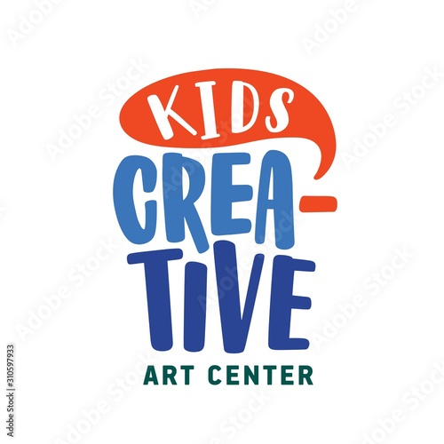 Creative kids center flat vector logo. Early children development studio social media banner concept. Colorful lettering isolated on white background. Stylish art center logotype design.