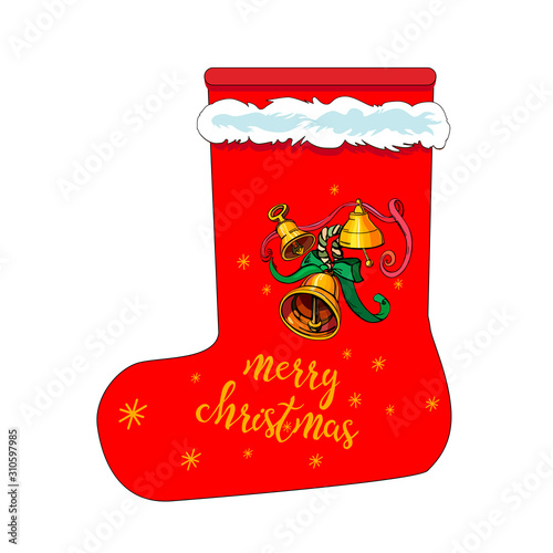 Red christmas stocking with jingle bells and lettering merry christmas isolated on the white background. Vector illustration