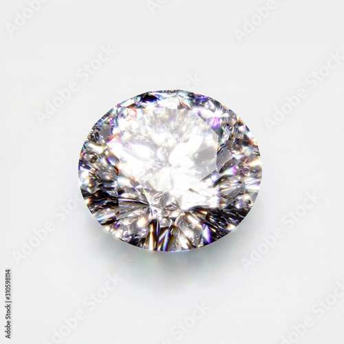 Shiny Classic Brilliant Cut Diamond Isolated on White Background. 3D Close-Up Illustration.
