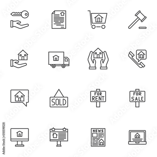 Real estate line icons set. linear style symbols collection, outline signs pack. vector graphics. Set includes icons as auction gavel, logistic delivery truck, for sale and rent signboard, house sold
