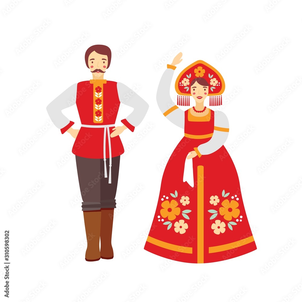Russian folk costume flat vector illustration. Man and woman wearing traditional clothes cartoon characters. Girl in red sarafan and national headwear, kokoshnik. Folk dance group artists.