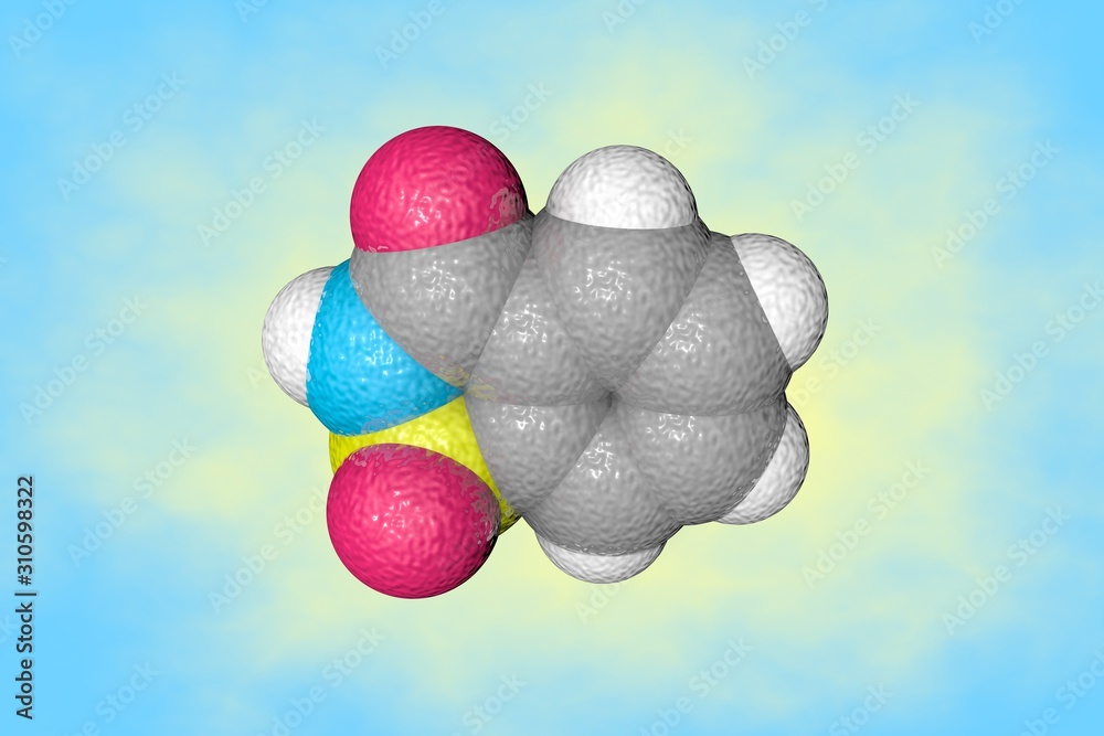 Molecular model of saccharine. Atoms are represented as spheres with