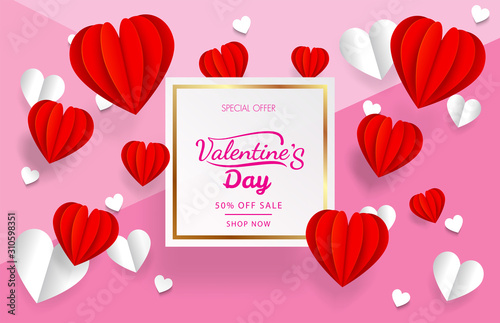 special offer valentine's day % off sale shop now with red and white paper heart on three color pink background