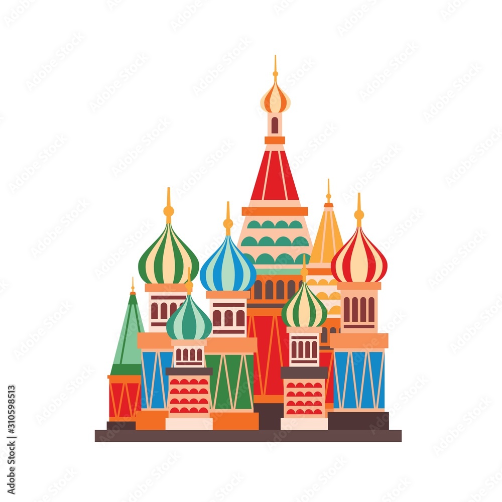 Saint Basils cathedral flat vector illustration. Prominent Moscow landmark isolated on white background. Cartoon Russian Orthodox church with multicolor domes. Famous Russian architecture building.