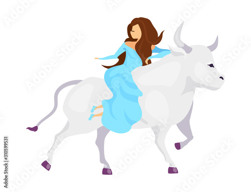 Abduction of Europa flat vector illustration. Fantastical beast kidnap princess. Woman in dress ride creature. Greek mythology. Girl on bull isolated cartoon character on white background