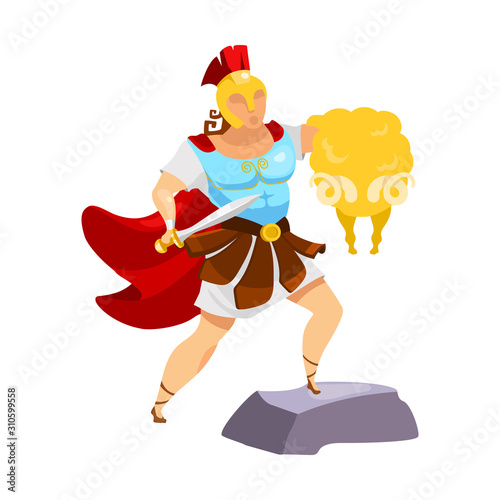 Jason with golden fleece flat vector illustration. Fighter with yellow ram fur. Victory symbol. Classical antiquity legend. Greek mythology. Argonaut isolated cartoon character on white background