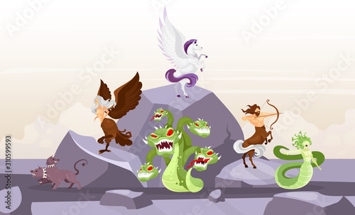 Mythological creatures flat vector illustration. Hydra and cerberus. Pegasus and harpy. Centaurus and meduse gorgone. Fairy beasts on mountain. Greek mythology. Fantastical cartoon characters photo