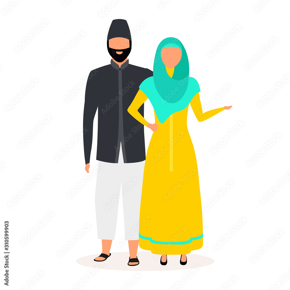 Indonesians flat vector illustration. Muslim couple. Woman in hijab and  yellow dress. Asian culture. People dressed in national clothing isolated  cartoon character on white background Stock Vector | Adobe Stock