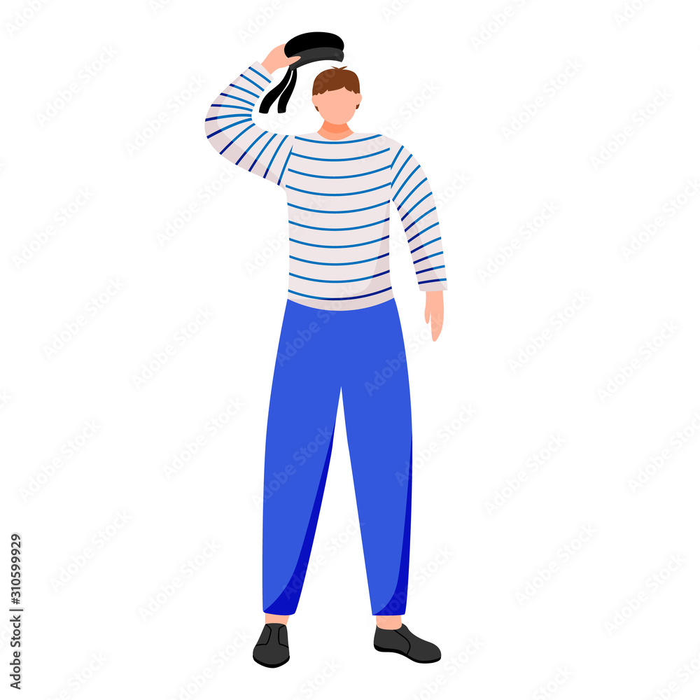 Sailor flat vector illustration. Seafarer in work uniform. Yacht club. Maritime occupation. Seafarer salutes isolated cartoon character on white background