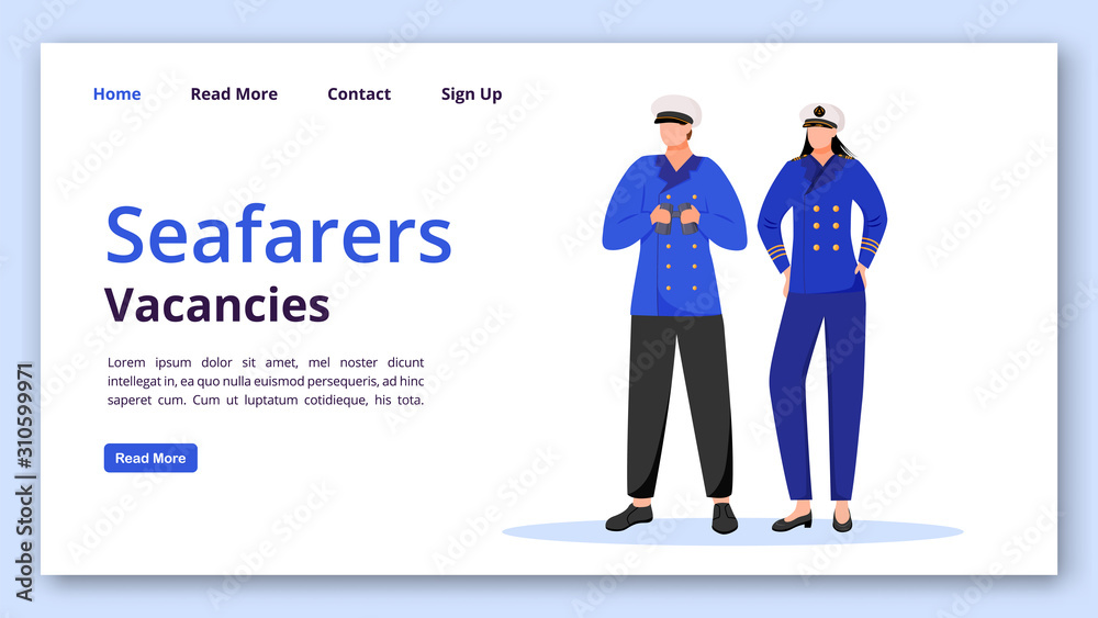 Seafarers vacancies landing page vector template. Maritime occupation website interface idea with flat illustrations. Cruise staff homepage layout. Job search web banner, webpage cartoon concept Seafarers vacancies landing page vector template. Maritime occupation website interface idea with flat illustrations. Cruise staff homepage layout. Job search web banner, webpage cartoon concept