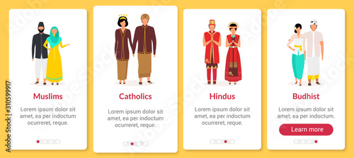 Indonesian religion onboarding mobile app screen vector template. Muslims, catholics, hindus, buddhist. Walkthrough website steps with flat characters. UX, UI, GUI smartphone cartoon interface concept
